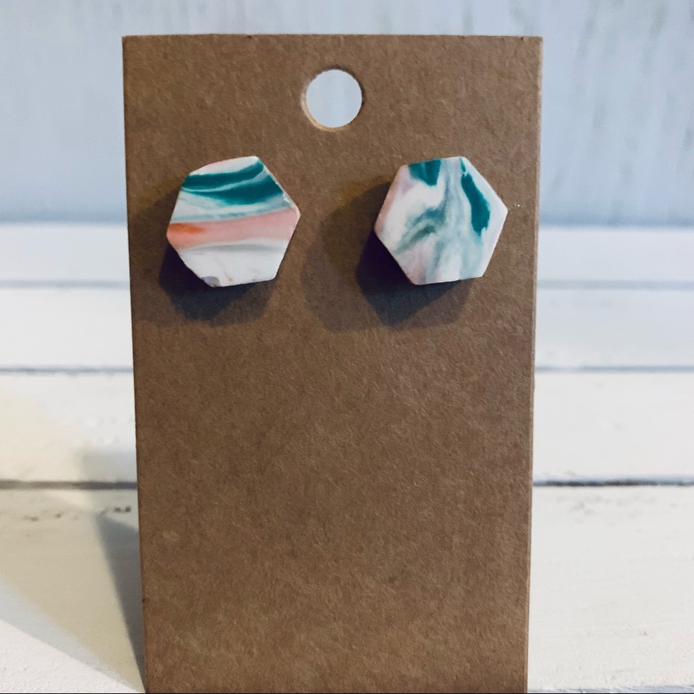 modern clay swirl wave green, pink, white earrings